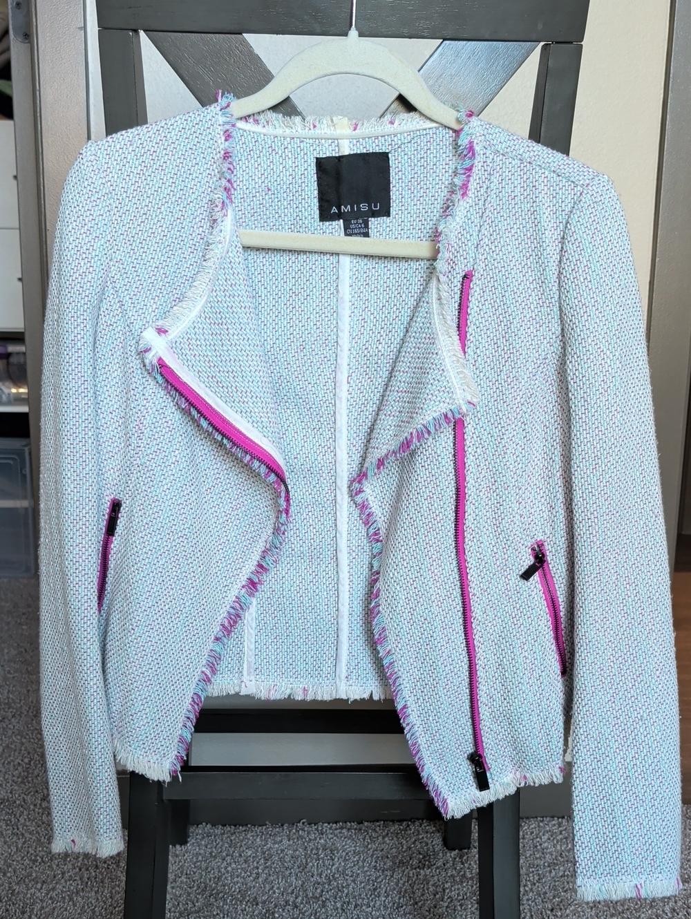 Amisu Cream Tweed Jacket with Pink Trim